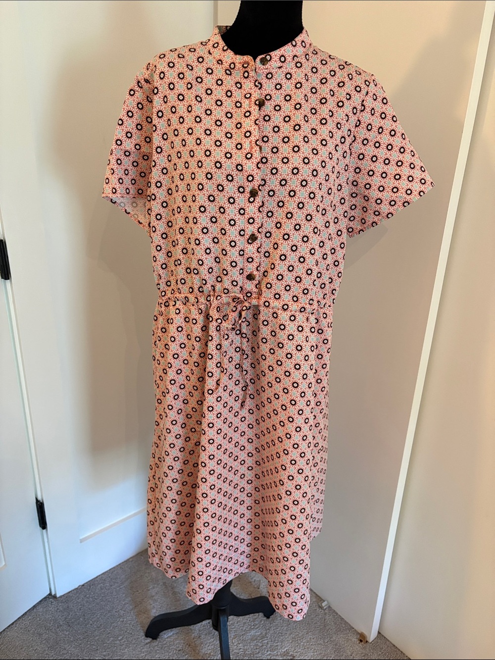 Lands' End Pink Printed Midi Button-Front Dress
